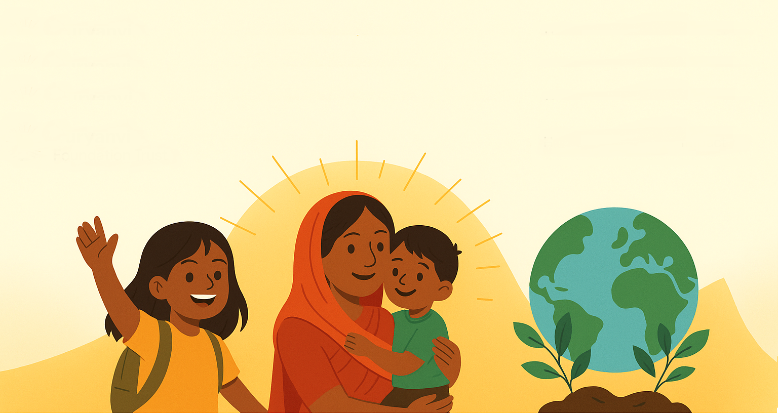 A group of happy children holding hands with volunteers under a sunny sky.